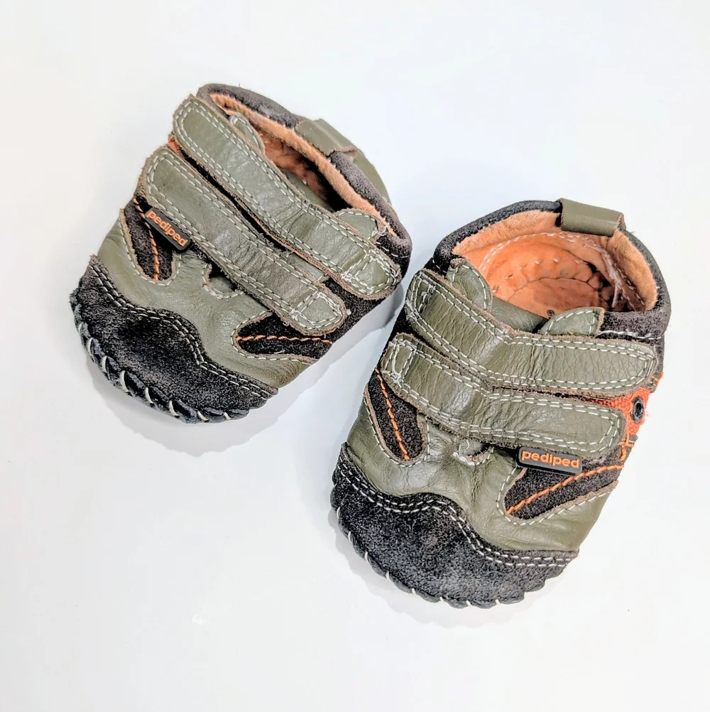 Pediped Leather Baby Shoes | Size 12–18 Months | Soft Sole Flex | Gray & Orange